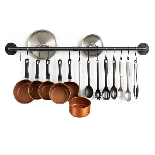 Image of Wall Mount Pot Pan Bar Rack 97cm with 14 (13 cm) S Hooks Wall Mounted Industrial Pipe Pan Pot Rack Metal Style Hanging Rail Kitchen Utensils Hanger Organiser for Hanging Pans Utensils Cookware