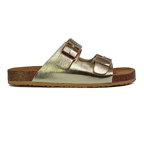 Image of ESSEX GLAM Womens Double Buckle Strap Flat Slider Ladies Casual Holiday Flip Flop Strappy Gold Metallic Sandals Size 7