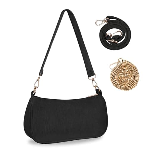 Image of FITDON Small Shoulder Bag for Women, Corduroy Hobo Tote Handbag Clutch Purse Crescent Underarm Bag Y2k Crossbody Bags with 3 Removable Straps, Black