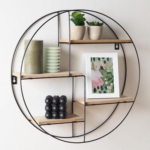 Image of OHS Round Shelf for Wall, Mounted Shelves for Living Room Home Office Bedroom Modern Circular Decorative Display Wall Shelves Easy Installation Metal Frame - Black/Light Wood, 50 x 50 x 10cm