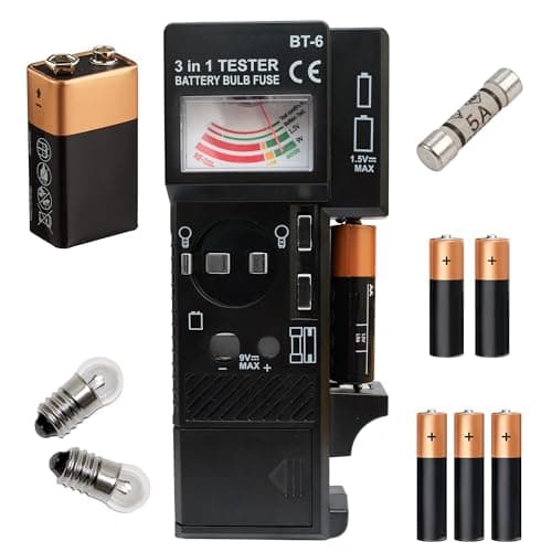 Image of 3 in 1 Battery Bulb & Fuse Tester - Lightbulbs, Multi-Use Testing Tool, AAA, AA, 9V, Colour Coded, Easy to Use, Compact, Portable, Analogue Scale Meter