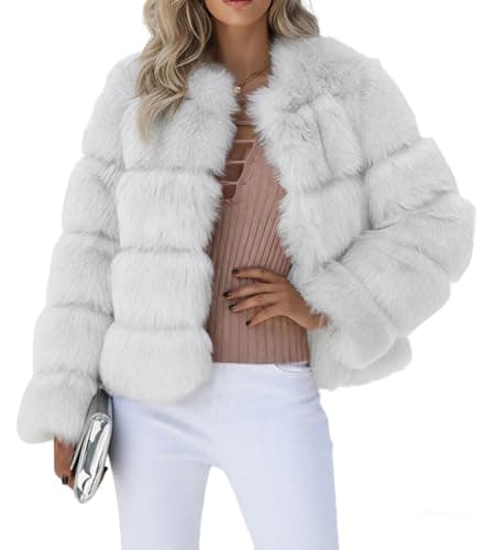 Image of loveimgs Women Warm Fluffy Cropped Puffer Jacket Faux Fur Coat Crop Parka Collarless Winter Teddy Bear Coat Overcoat, White, Small