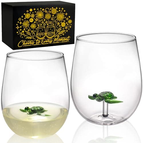Image of OWATRKDEY Handcrafted Sea Turtle Wine Glasses, Mothers Day Gifts, SeaTurtle Gifts for Women Mom, Set of 2 with 3D Sea-turtle Decor Inside, Drinkware Glass Cups for Birthday Wedding Party (14oz)