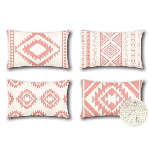 Image of Artscope Outdoor Waterproof Cushion Covers 40x60cm Set of 4 Boho Farmhouse Outdoor Pillow Covers for Patio Garden Bench Living Room Sofa Farmhouse Decor（Geometry80-Pink）