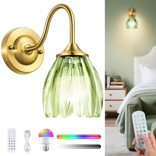 Image of LumaBrite Vintage Rechargeable Wall Lights - 8000mAh Wireless Wall Sconces 12 RGB & 3 Color Temperatures Battery Operated Wall Lights Indoor with Remote, Green Glass Lampshade 1 Pc