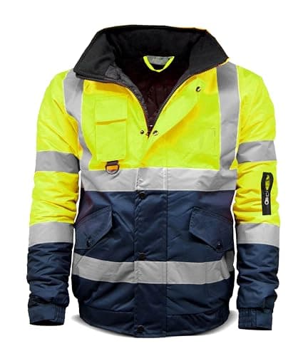 Image of Mega_Jumble Hi Vis Viz Bomber Jacket Workwear Men's High Visibility Safety Security Waterproof Builder Work Wear Zipped Coat (L, Yellow/Navy)