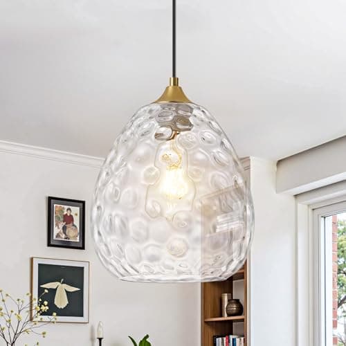 Image of Actask Glass Pendant Light, Brass Gold Pendant Lights Kitchen Island with 8.27'' Hammered Clear Glass Lampshades, Modern Hanging Ceiling Light for Farmhouse Dining Room Bedroom Hallway(1 Pack)