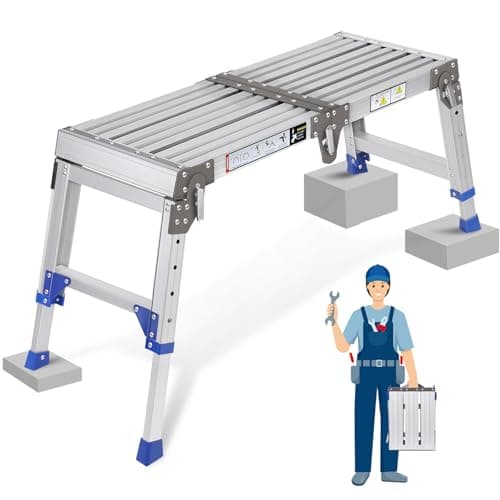 Image of Folding Work Platform with Adjustable Height, Aluminium Hop Up Platform & Step Ladder with Safety Lock, Heavy Duty 300kg – Portable Lightweight Stair Platform for Workshop, Garage & Outdoor