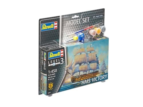 Image of Revell Model Set 65819 HMS Victory 1:450 Scale Unbuilt/Unpainted Plastic Model Kit with Contacta Professional Glue, Paintbrush & Selected Aqua Color Paints