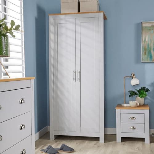 Image of Home Source Bedroom Furniture 2 Door Wardrobe, Storage Shelf, Oak Effect Top, Grey