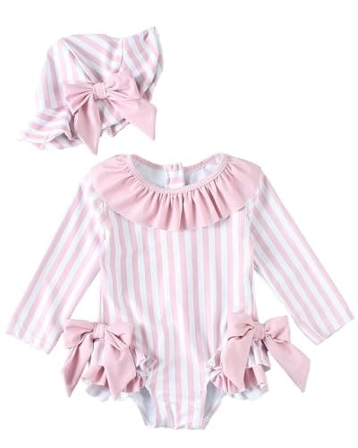 Image of JiAmy Baby Girls Swimming Costume Long Sleeve Zip Up One Piece Swimsuit Swimwear Bathing Suit Rash Guard with Sun Hat Set Pink 2-3 Years