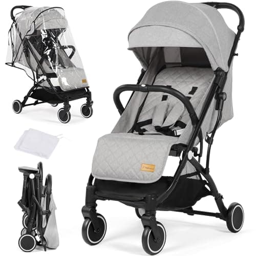Image of Hello-5ive Lightweight Travel Stroller Compact Baby Pushchair with Adjustable Seat, Mosquito Net, Rain Cover, One-Hand Folding Buggy with 5-Point Harness for Toddlers from Birth to 15kg (Light Grey)