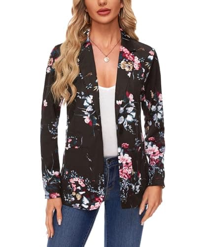 Image of MINTLIMIT Womens Blazer Notched Lapel Classic Suit Jacket Polished Tops Coat Outerwear Patch Pockets (Floral Black #1 XXL)