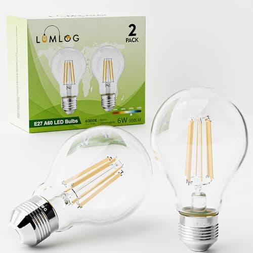 Image of Lumlog A60 E27 LED Vintage Light Bulbs Cool White 6000K, 6W Edison Screw LED Filament Bulb 60W Equivalent, Energy Saving Non-Dimmable 980LM 2Pack [Energy Class C]