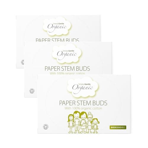 Image of Simply Gentle Organic, Cotton Buds - 100% Organic Cotton & FSC Paper Stems - for Cleaning Delicate Areas Around Eyes and Outer Ears - Eco Friendly & Biodegradable - 600 Buds, Pack of 3
