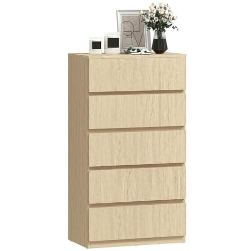 Image of HOMCOM Chest of Drawers, 5 Drawers Storage Cabinet Floor Tower Cupboard for Bedroom Living Room, Natural Wood