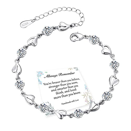Image of EXGOX Silver Bracelet for Women,925 Sterling Silver Love Shiny Crystal Diamond Adjustable Heart Bracelet for Women Girls