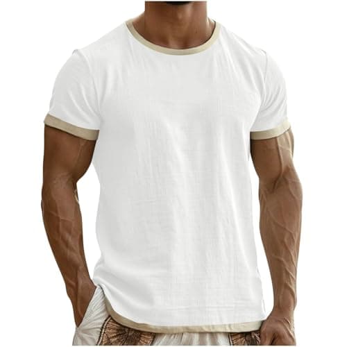 Image of Men's Linen Look T-Shirt, Crew Neck, Short Sleeve Tops, Plain Basic Undershirt, Comfortable Casual Shirts, Casual, Gym, Sports Shirts, Casual, Lightweight, Breathable, Leisure, Beach, Summer, Gifts