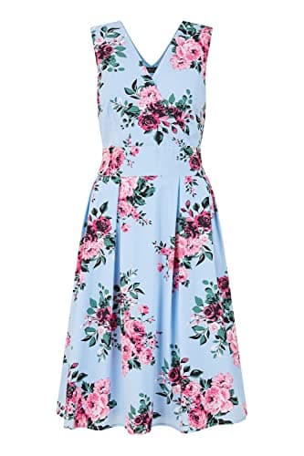 Image of Mela London Mela Blue Rose Printed Wrap Over Sleeveless Skater Dress 16 Blue