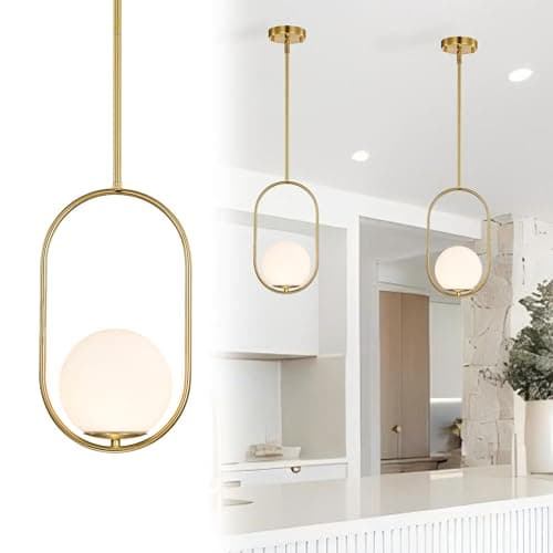 Image of Alighting Gold Pendant Light with 15cm Frosted Glass Shade, Globe Pendant Lights Mid Century Modern Glass Pendant Light for Kitchen Island,Dining Room, E14