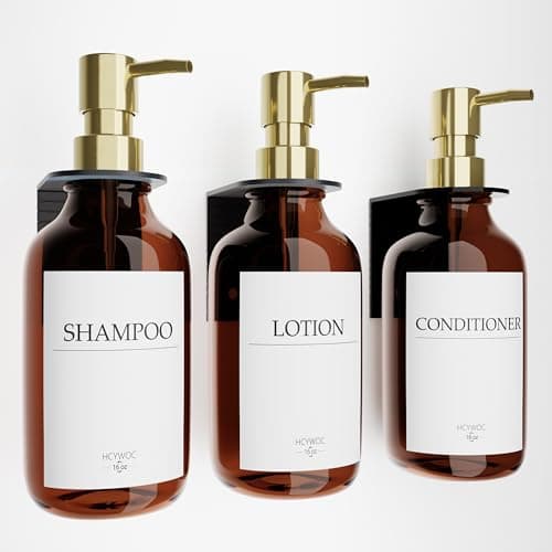 Image of Shampoo Dispenser for Shower Wall, Shampoo and Conditioner Dispenser with 16 Waterproof Labels, No Drill Shower Soap Dispenser Bathroom, Shower Soap Dispenser Wall Mounted, 500ML, 3 Pack, Gold Amber