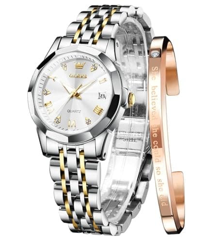 Image of OLEVS Watches for Women Diamond Roman Numerals Easy Read Ladies Watches Silver Dress Day Analogue Two Tone Stainless Steel Designer Waterproof Female Wrist Watch