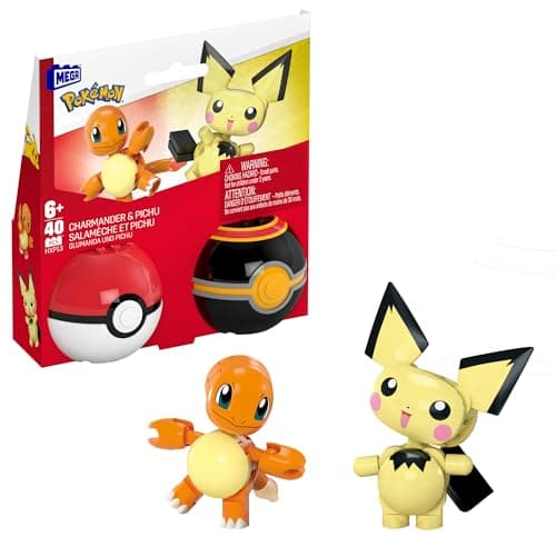 Image of MEGA Pokémon Building Toys Set Pichu & Charmander with 40 Pieces, 2 Poseable Characters and Poké Ball, 2 Inches Tall, for Kids, HXP13