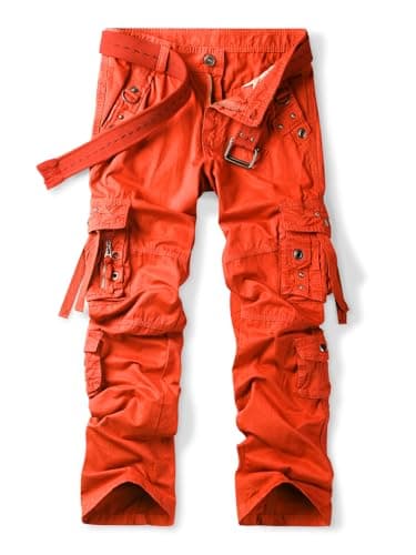 Image of Aeslech Men's Cotton Casual Baggy Work Cargo Trousers Hiking Travel Pants with Pockets Relaxed Loose Fit Orange 30