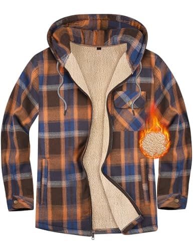 Image of Xnova Mens Hoodies Fleece Lined Zip Up Hooded Sweatshirt Lumberjack Jackets Warm Sherpa Plaid Flannel Shirts with Pockets Winter Coats for Outdoor Work, Orange, XL