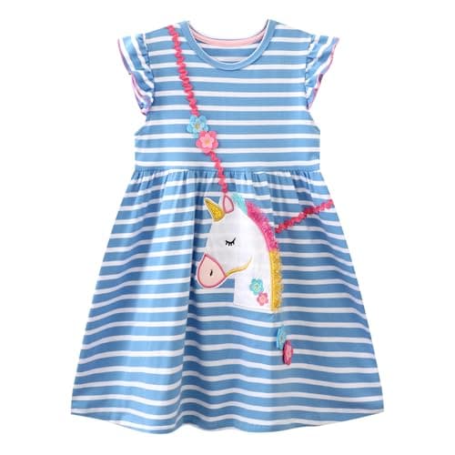 Image of Vckrio Dresses for Girls Cotton Embroidery Applique T-Shirt Dress Blue White Stripe Short Sleeve A-Line Dress with Flowers Pattern Children Summer Autumn Birthday Casual Outfits for Kids 3-4 Years