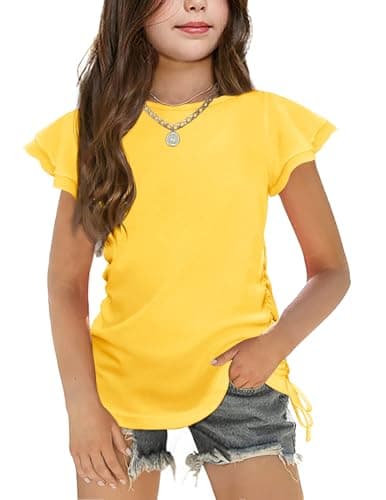 Image of Arshiner Girls T-Shirts Short Sleeve Top Kids Yellow Summer Ruffle Sleeve Tee Casual Round Neck Cotton Shirt with Drawstring 11-12 Years