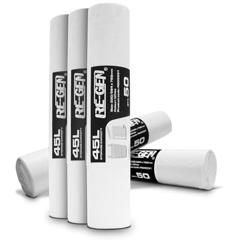 Image of 5 Rolls (250 Bags) RE-GEN 45L White Swing, Pedal, Square Bin Liners Refuse Sacks | Everyday, Office & Home Use | Industrial Quality Rubbish Garbage Bags 330/584 x 762mm