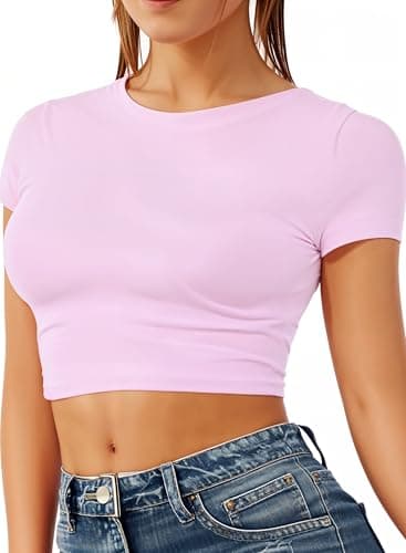 Image of Re Tech UK - Women's Basic Ladies Short Sleeve Stretchy Crop Tops for Women, Slim Fit Crew Neck, Cropped T Shirt, Summer, Cute, Tshirt, Sizes 8-14 (S/M 8-10, Baby Pink)