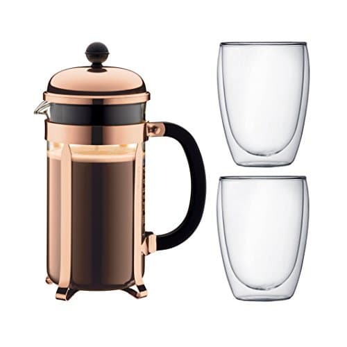 Image of BODUM 8 Cup Chambord Coffee Maker with 0.35 Litre Double Wall 2 Pavina Glasses, Copper, Medium, 1.0 Litre, 14.9 x 26.8 x 32.5 cm K1928-18-1