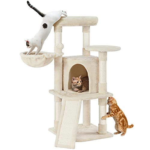 Image of Yaheetech 107cm Cat Tree Cat Climbing Tower with Scratching Posts/Condo/Basket, kitten Activity Centre for Small/Medium Cats, Beige