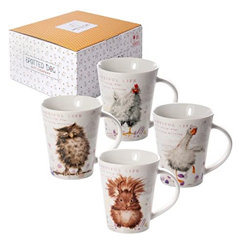 Image of SPOTTED DOG GIFT COMPANY Mugs Set of 4, Cute Ceramic China Cups for Coffee and Tea, 360ml Animal Themed Owl Squirrel Chicken Goose Mug Designs, Animal Lover Gifts for Women & Men