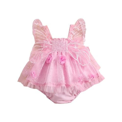 Image of Carolilly Baby Girls Sleeveless Tulle Princess Romper Dress with Butterfly Wings, Newborn Infant Baby Girls Photo Shoot Dress Gift for Baby Girl (0-18 months) (Pink, 3-6 Months)