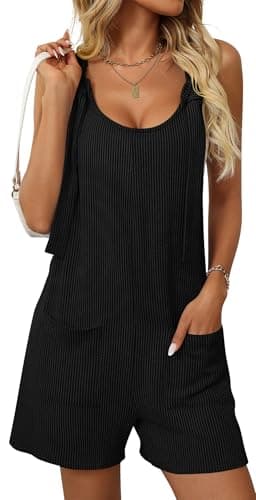Image of Adigau Women Elegant Sleeveless Dungarees Womens Stretchy Casual Jumpsuit Women's Y2K Baggy Jumpsuits Ladies Oversized Striped Trousers Girls Leisure Shorts With Pockets Black L
