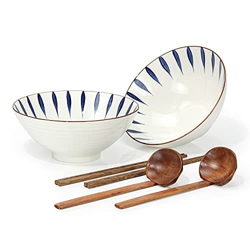 Image of Tableware Ramen Bowl Ceramic Set of 2 - Porcelain Noodles Bowls Dinner Sets for Pasta Soup Pho Mixing Salad Dishes Snack cereal Food with Spoons Chopsticks Kit 1100 Ml for New Home House Warming Gifts