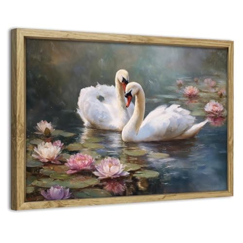 Image of Vintage Swans Framed Wall Art Romantic White Swans Couple Canvas Pictures Nature Lotus Floral Wall Decor Water Lily Painting Farmhouse Artwork for Bedroom Living Room Hallway Home Decorations 30x40cm