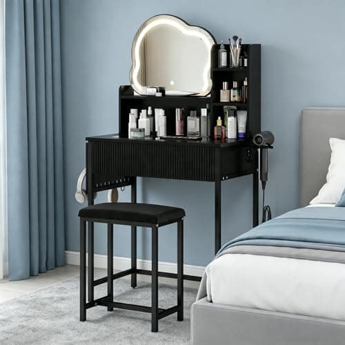 Image of YOURLITE Dressing Table with Mirror and Stool, Vanity Desk with Drawer, Makeup Table, 3 Light Colours, Adjustable Brightness, Visible Glass Top, Cloud Mirror, Side Storage, 5 Hooks for bedroom, Black