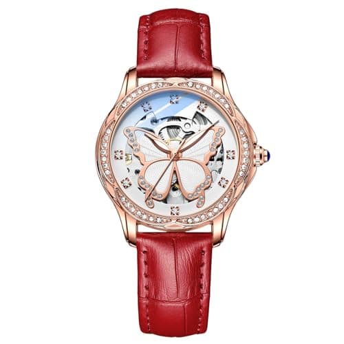 Image of RORIOS Fashion Women’s Watches Luminous Skeleton Watches Automatic Mechanical Watch with Leather Strap Diamond-Accented Ladies Wristwatch
