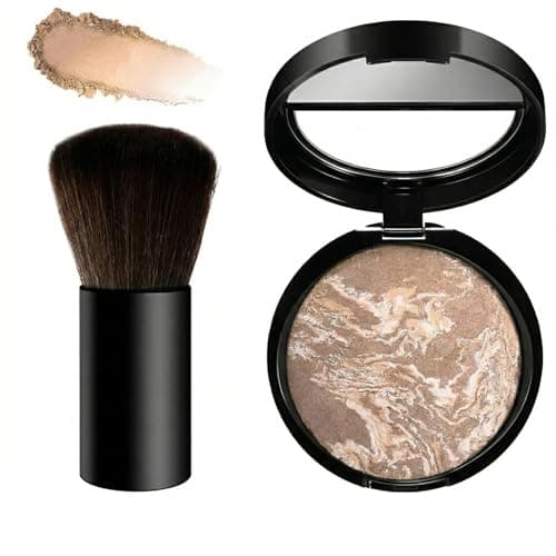 Image of Golden Bronze Glow Baked Pressed Powder Foundation with Kabuki Brush - Long-Lasting Oil Control & Sweat-Resistant, Buildable Medium to Full Coverage for Mature Skin, Natural Radiant