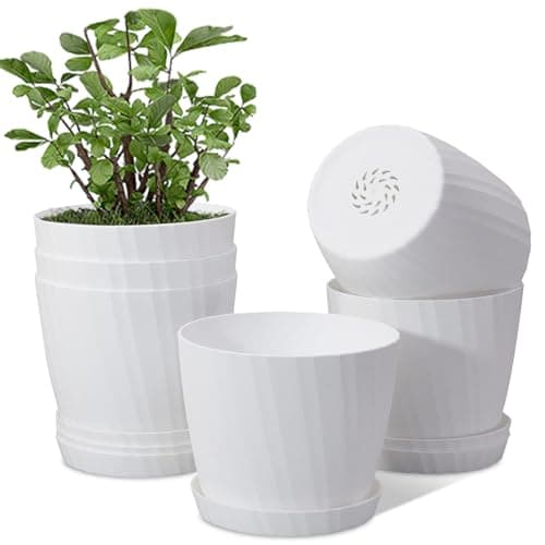 Image of MUAEEOK 18CM 6 Pack Plant Pots Indoor Plastic Planters with Drainage Holes and Saucers for Indoor Outdoor House Plants and Flowers Modern Decorative Planter Pot for All House Plants (White)