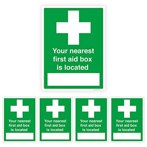 Image of Pack of 5 First Aid Sticker Sign (150 x 200 mm) Self adhesive Waterproof First Aid Kit Vinyl for Hospitals Safty Signs Stickers Sara Prints®