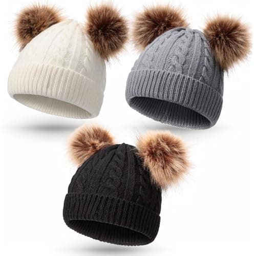 Image of Geyoga Kids Toddler Winter Pompom Hat Baby Knitted Beanie Hat Faux Fur Pom Beanie Cap for Girls Boys 1-3 Years Old(Gray,White,Black,M)