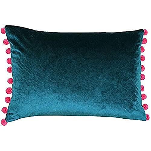 Image of Riva Paoletti Fiesta Rectangular Filled Cushion Blue Pink Pompom Edges-Faux Velvet Fabric-Discreet Zip Closure-100 Case (14" x 20" inches), Polyester, Teal/Berry, 35 x 50cm
