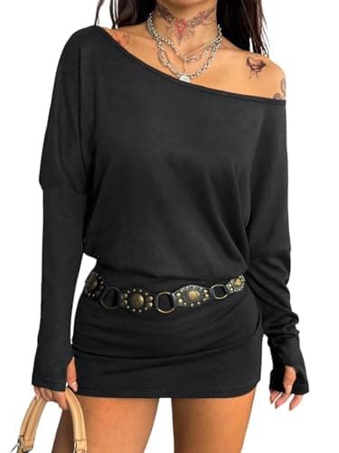 Image of SweatyRocks Bodycon Dress Women's Long Sleeve Shirt Dress Off Shoulder Mini Dress Sexy Winter Dress Women's Dress Autumn Outfit Winter Fashion, black, M