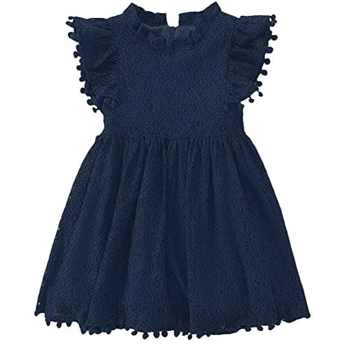 Image of PythJooh Toddler Girl Flutter Sleeve Party Dress Baby Kids Elegant Lace Pom Pom Princess Dress for 0-7Years Royal Blue