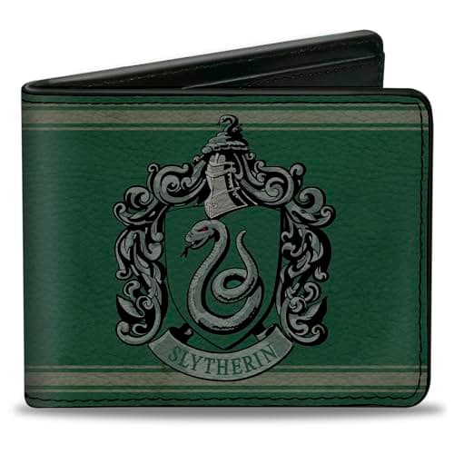 Image of Buckle-Down Men's PU Bifold Wallet-Slytherin Crest/Stripe6 Weathered Greens/Grays, Multicolor, 4.0" x 3.5", Multicolor, 4.0" x 3.5", Buckle-Down Pu Bifold Wallet - Slytherin Crest/Stripe6 Weathered